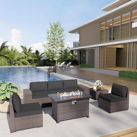 Kurapika 7 Pieces Patio Furniture Set, Rattan Outdoor Conversation Sets w/43in Propane Fire Pit Table and 4 Inch Cushion(Black)