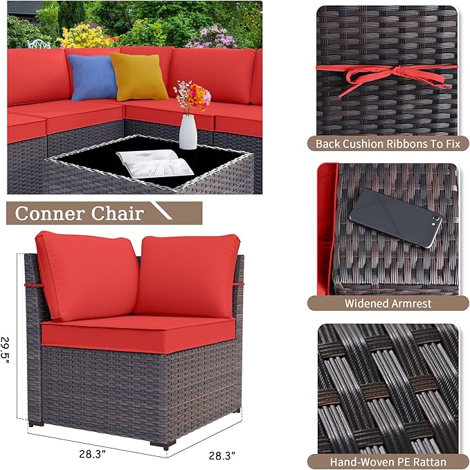 Kurapika 9 Pieces Patio Furniture Set, Rattan Sofa Set, Outdoor Conversation Sets w/Swivel Rocking Chairs Patio Sectional Sofa w/4 Inch Cushion, Red