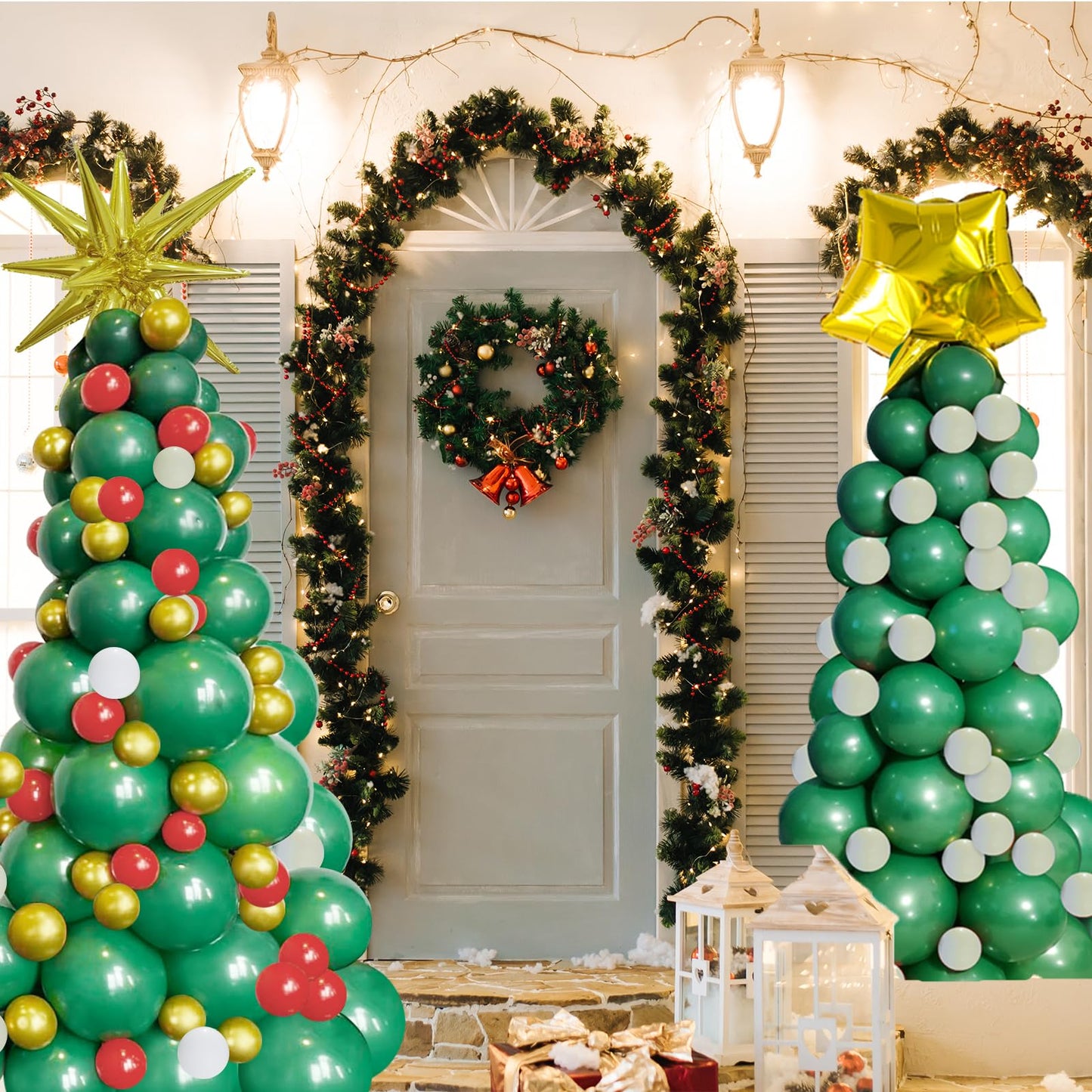 JANEF 122pcs Christmas Balloon Garland Arch Kit, Green Red Golden Latex Balloons Tree with Golden Balloons for Christmas Birthday Party Decoration