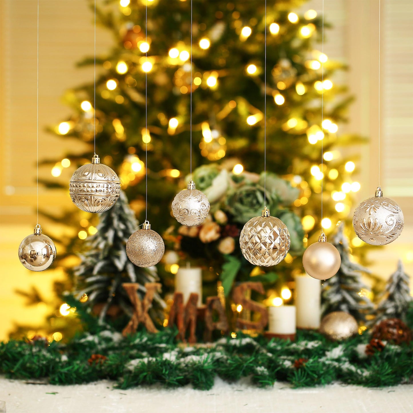 Christmas Ball Ornaments Champagne Christmas Tree Decorations with Hang Rope-36pcs Shatterproof Christmas Ornaments Set with 6 Styles in 3 Sizes(Small Medium Large)