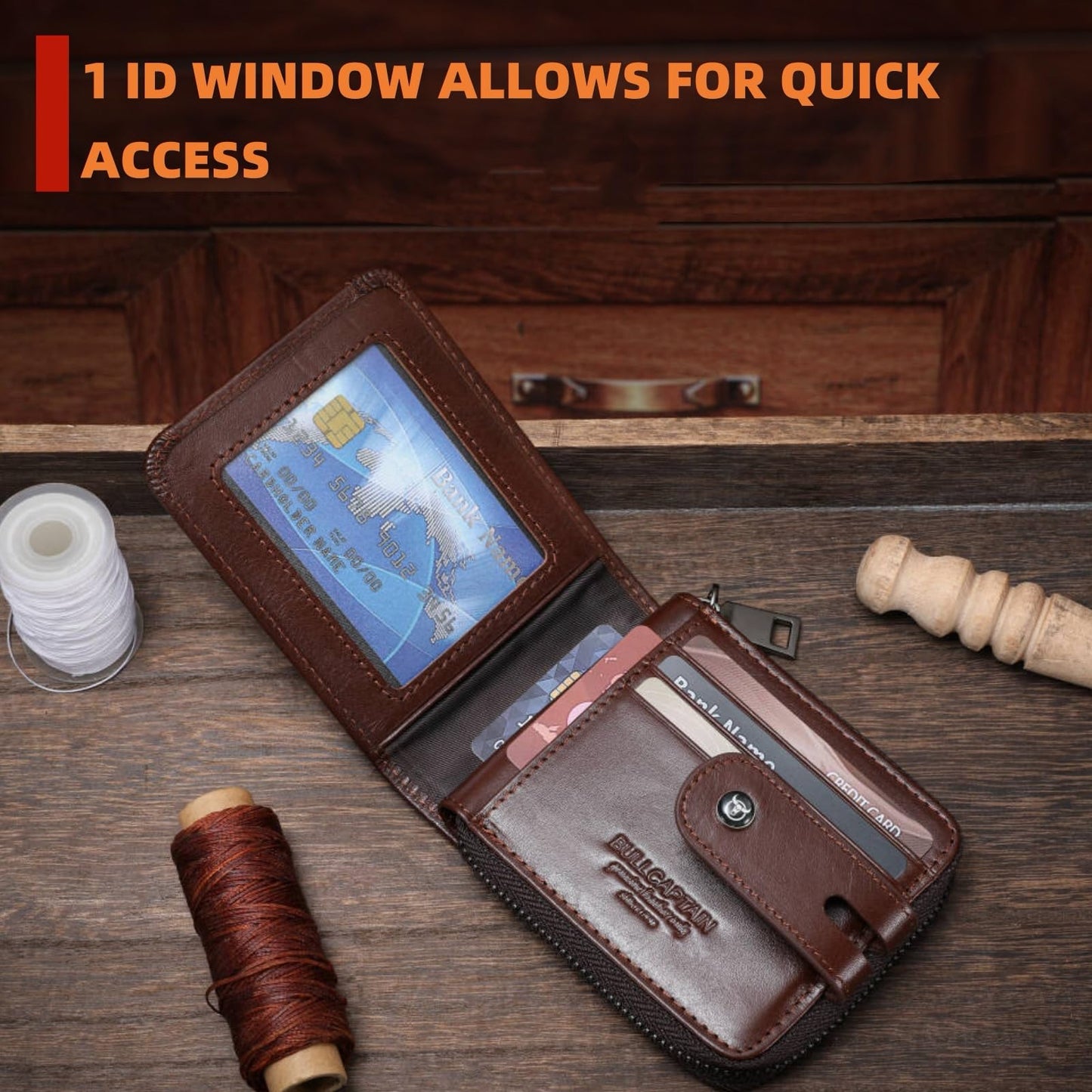 BULLCAPTAIN Genuine Leather Men's Wallet with Zipper Vintage RFID Blocking Large Capacity Wallet for Men with 14 Credit Card Slots and 1 ID Window T23 (Coffee)