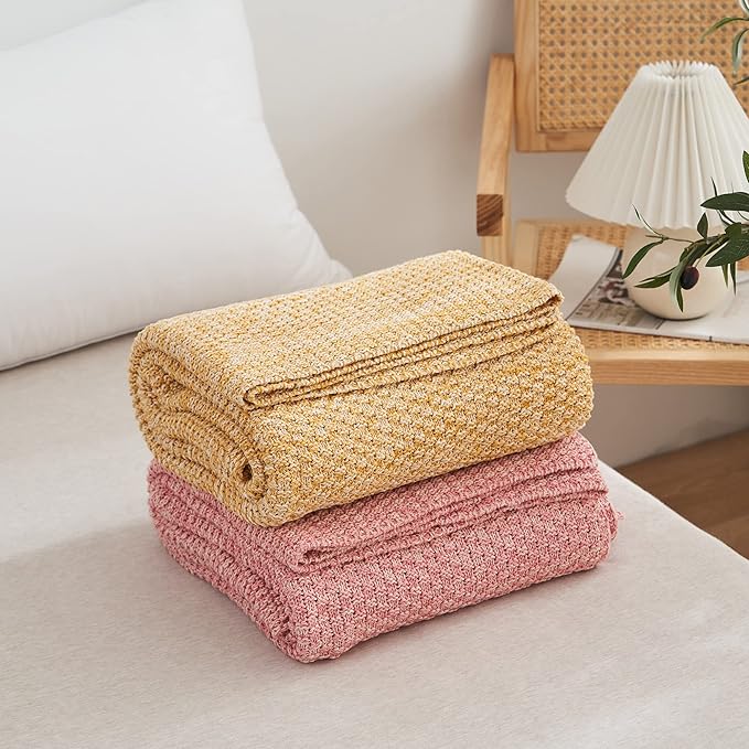 Longhui bedding Dusty Pink Knitted Throw Blanket for Couch, Soft, Cozy Machine Washable 100% Cotton Sofa Knit Blankets, Heavy 2.8lb Weight, 51 x 63 Inches, Pink and White Color, Laundry Bag Included