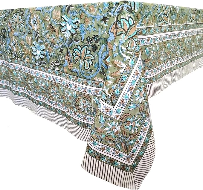 ATOSII Eden Green100% Cotton Boho Square Handblock Print Floral Tablecloth I Dining Table Linen I Parties, Wedding, Outdoors, Thanksgiving I Spring Summer 60 X 60 Inches