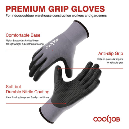 COOLJOB Work Gloves, 3 Pairs Nitrile Coated Safety Work Gloves for Men, Dots for Anti-Slip Grip, Large (3 Pairs L)