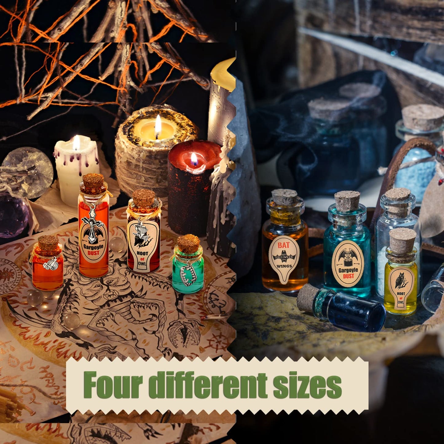 53 Pcs Halloween Mini Potion Bottles Set Including 12 Decorative Glass Bottles with Cork Stoppers 20 Creepy Apothecary Bottle Labels Stickers 20 Charms Pendants 1 String (5/10/15/20 ML,Classic)