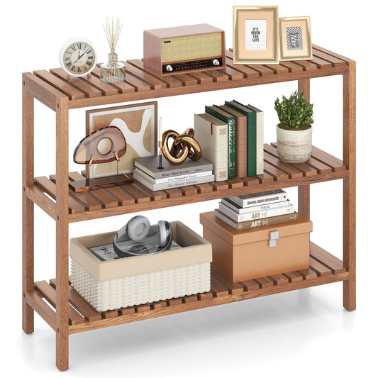 Giantex 3-Tier Wooden Bookshelf, Teak Wood Stand Storage Shelf, Rustic Plant Stand, Slatted Shelves, Farmhouse Storage Organizer, Multifunctional Display Rack for Entryway Living Room Bedroom