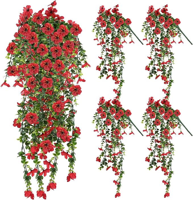 Artificial Fake Hanging Flowers Plants for Outdoor Spring Summer Decoration, 4pcs Faux Silk Realistic UV Sun Resistant Daisy for Outside Porch Patio Window Box Yard Home Decor (Red)