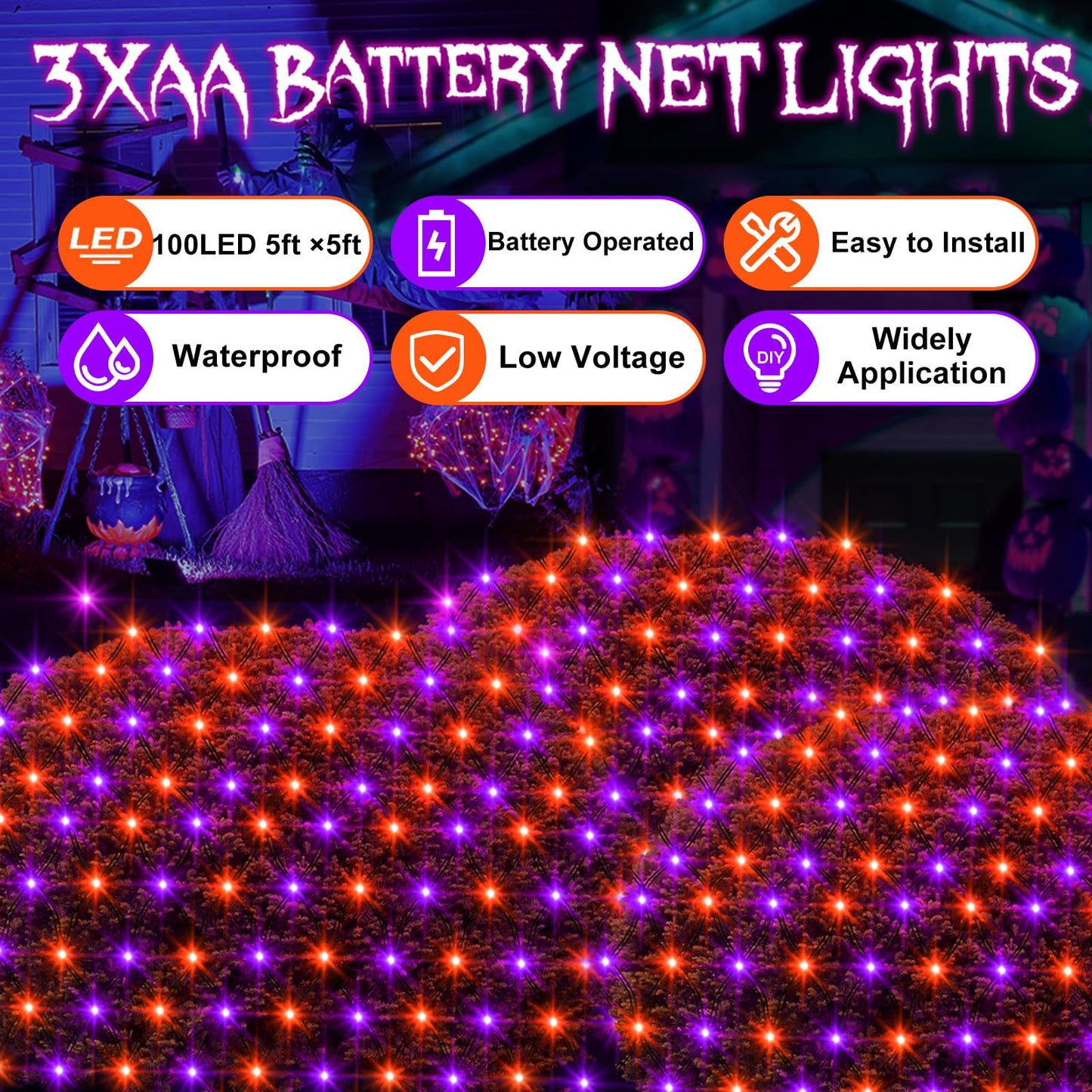 echosari Halloween Net Lights Battery Operated, 5ft ×5ft 100 LED Net Lights with Remote Timer Dimmable Garden Mesh Lighting for Bush Fence Wall Party Decor (Purple Orange)
