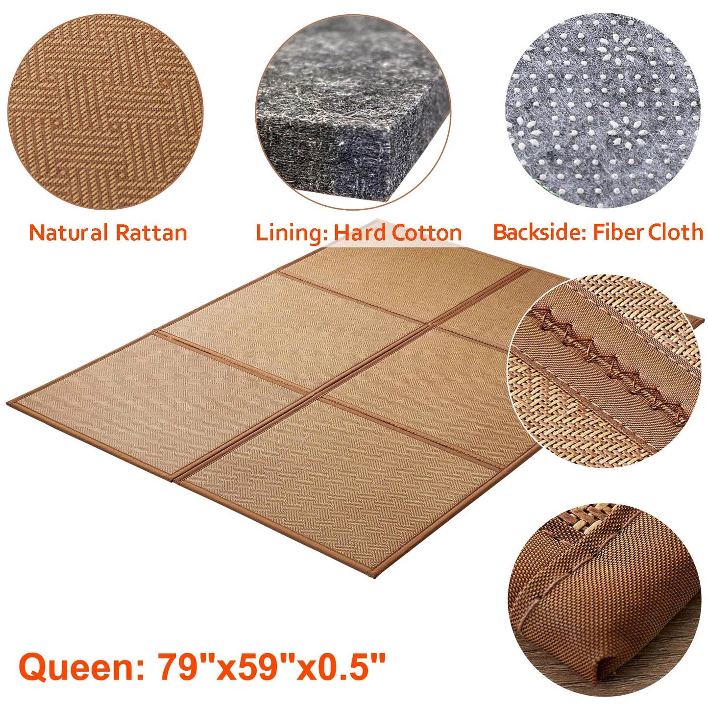 KITBRHOME Natural Rattan Floor Foldable Tatami Mat,Queen, 79" x 59" x 0.5"
