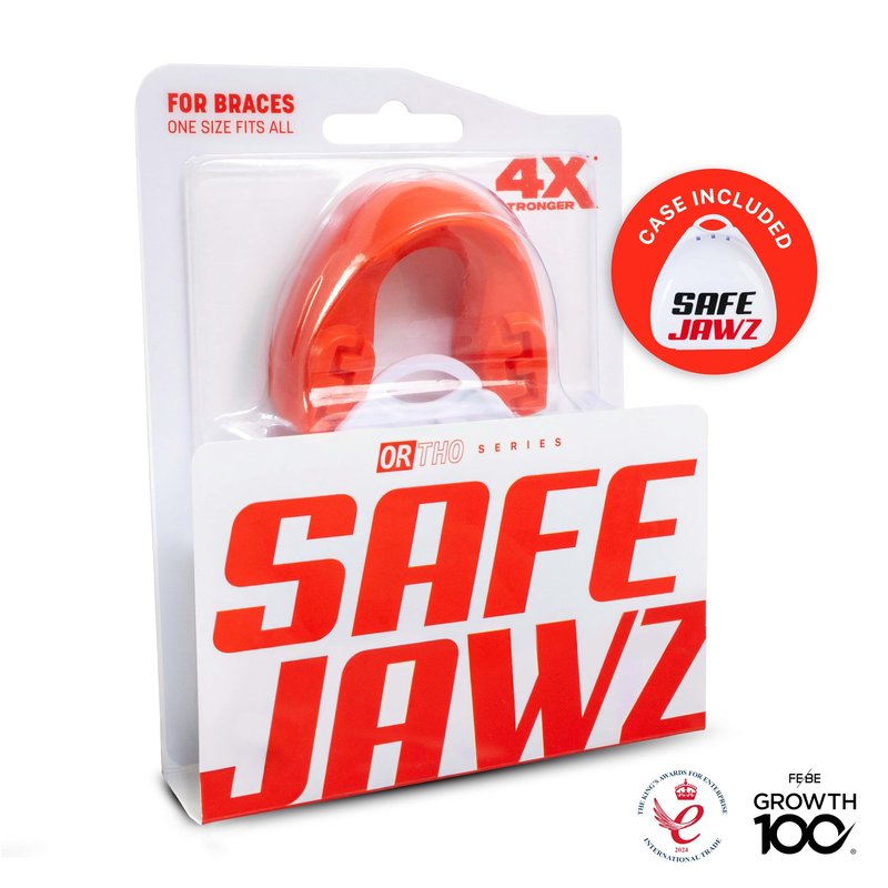 SAFEJAWZ Mouth Guard for Braces, Upper & Lower Protection Mouthguard with Case, Easy Fit Remoldable Mouthpiece for Football, Boxing, Lacrosse, MMA, Basketball & All Contact Sports (One Size, Red)