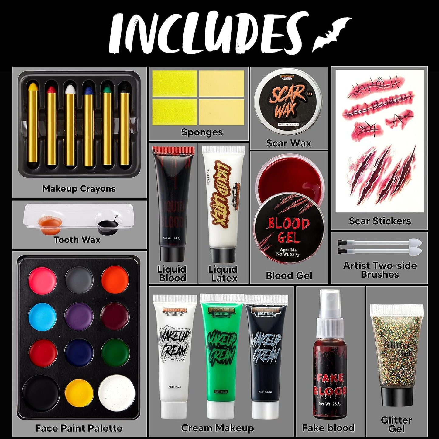 Spooktacular Creations 25 PCS Halloween Family Makeup Kit, 12 Color Special Effect Face Body Paint, Costume Makeup, Zombie Cosplay, Wounds, Injuries & Blood for Halloween Party Supplies