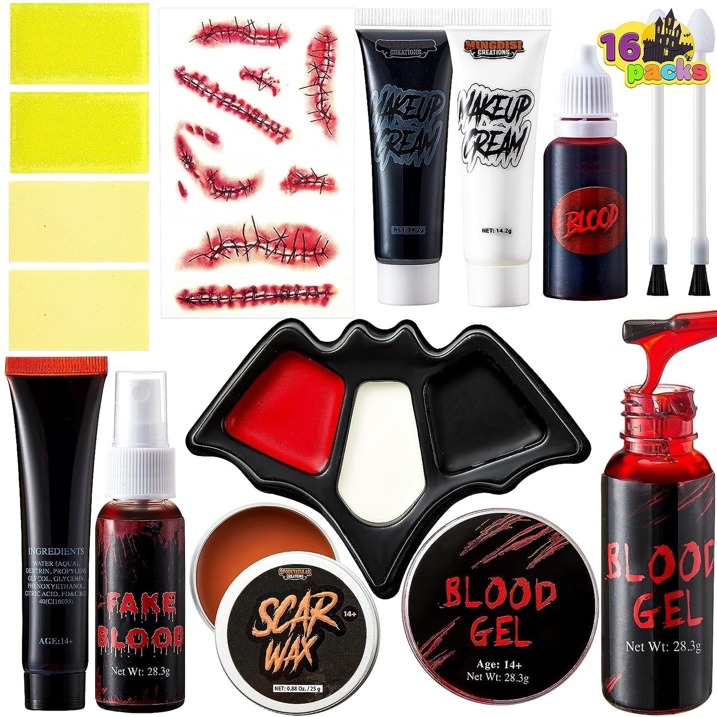 Spooktacular Creations 16 Pcs Halloween Family Makeup Kit Face Body Paint with Liquid Blood Gel, Fake Blood and More Easy On Makeup Set for Zombie Costume Cosplay Halloween Party Supplies