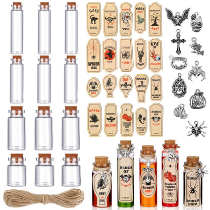 53 Pcs Halloween Mini Potion Bottles Set Including 12 Decorative Glass Bottles with Cork Stoppers 20 Creepy Apothecary Bottle Labels Stickers 20 Charms Pendants 1 String (5/10/15/20 ML,Classic)