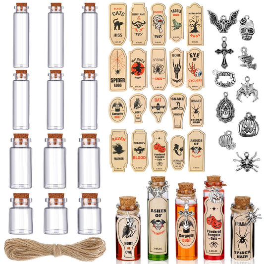 53 Pcs Halloween Mini Potion Bottles Set Including 12 Decorative Glass Bottles with Cork Stoppers 20 Creepy Apothecary Bottle Labels Stickers 20 Charms Pendants 1 String (5/10/15/20 ML,Classic)