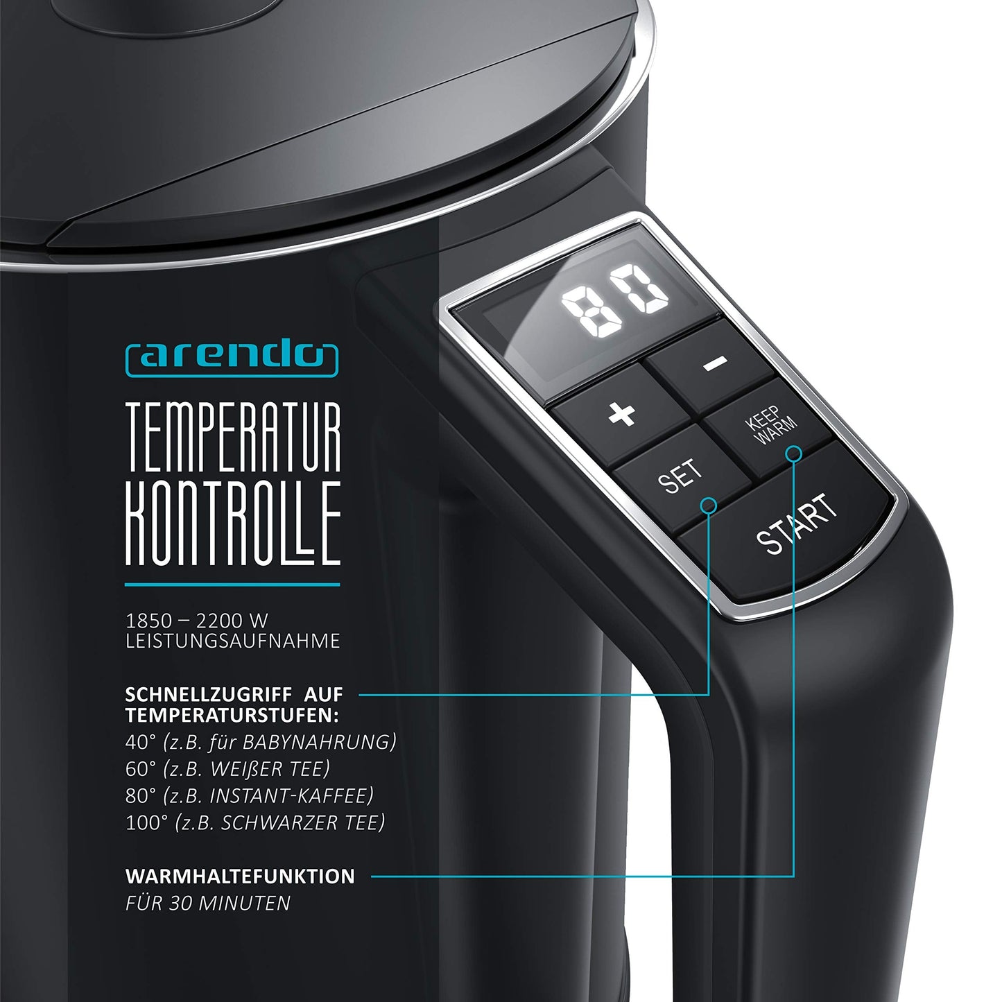 Arendo - Stainless Steel Kettle with Temperature Setting 40-100 Degrees in 5 Steps - Double Wall Design - Elegant Model - 1.5 Litre - 2200 W - Tea Maker with Temperature Display - GS - Black