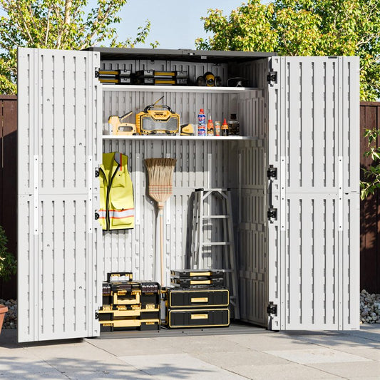 WillowLume 65 Cu.Ft Outdoor Storage Shed, Lockable Outdoor Vertical Resin Storage Cabinet with Floor, All-Weather Waterproof Shed for Garden, Backyard, Pool (65 cu ft - 2 Shelves)