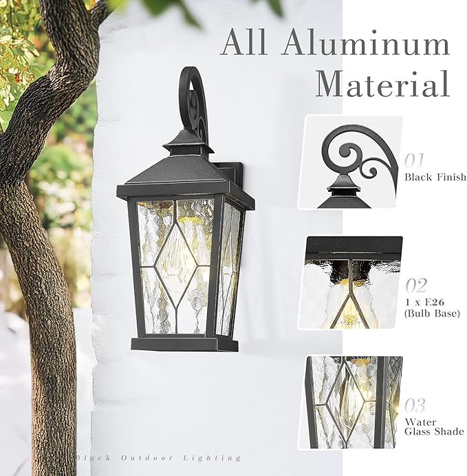 Emliviar Outdoor Porch Light 16 Inch, Farmhouse Wall Mount Fixture with Water Glass Shade, Matte Black Carriage Light for House, Yard, Garden, Patio, WE301B-SD BK