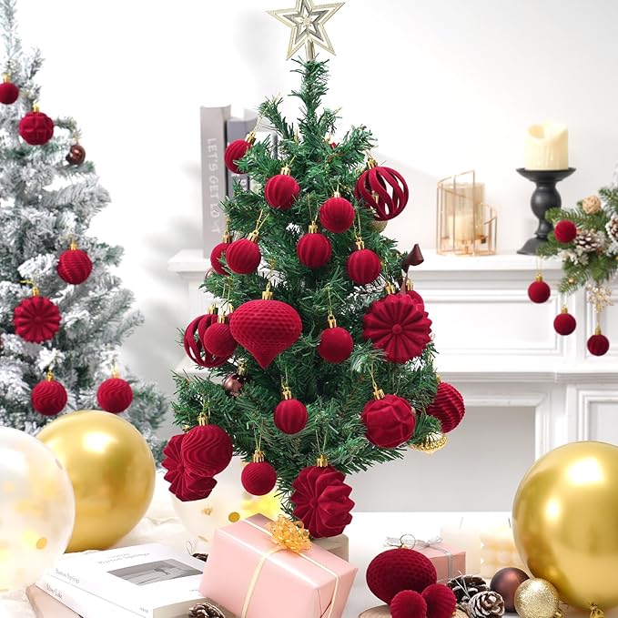 Velvet Christmas Balls 48pcs Flocked Christmas Tree Ornaments Set Shatterproof Christmas Ornaments with Hanging Rings Suitable for Xmas Tree Holiday Decor (Wine Red)
