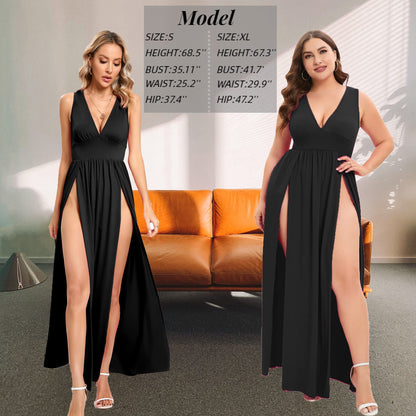 SILUI Women's Summer 2025 Sexy Double High Slit Deep V Neck Plus Size Sundresses Thigh Split Maxi Club Party Dresses