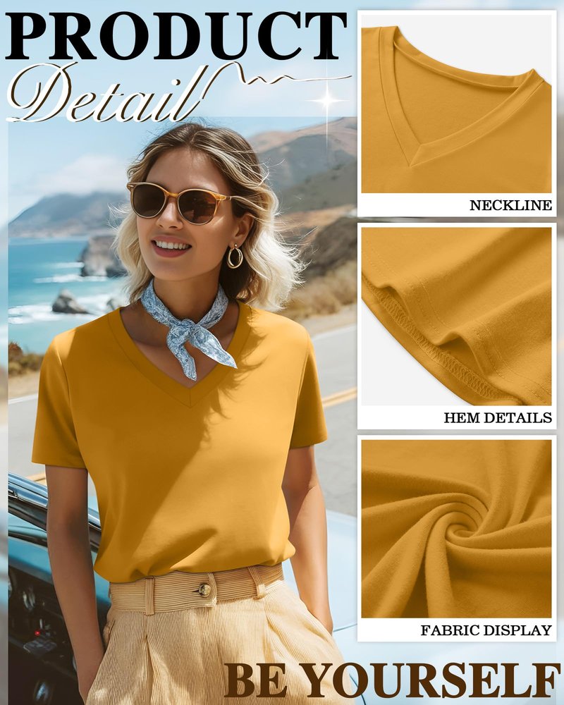 Ficerd 3 Pack Women's V Neck T-Shirts Short Sleeve Tunic Tops Casual Summer Curved Hem Tees Loose Fit Solid Basic Tshirt 2026(Turmeric, Cream, Hazy Blue,X-Large)