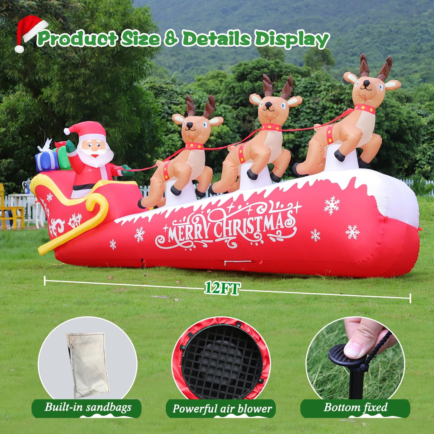 FunFanso 12FT Christmas Inflatable Santa Claus on Sleigh with 3 Reindeers Outdoor Decorations, Giant Christmas Blow Up Yard Decorations with Bright LED Lights for Lawn Street Garden Xmas Holiday Party