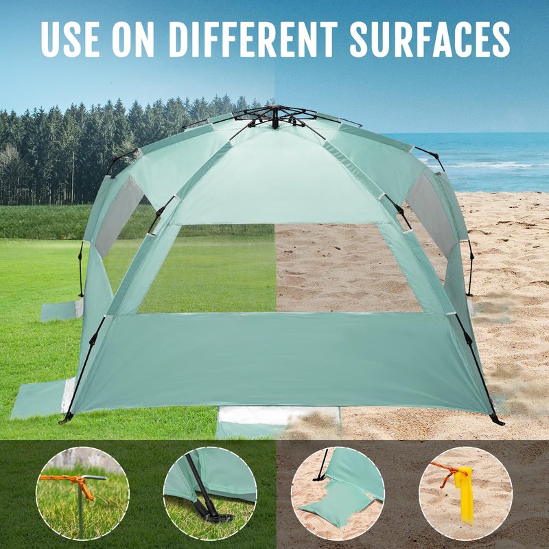 WhiteFang Deluxe XL Pop Up Beach Tent Sun Shade Shelter for 3-4 Person, UV Protection, Extendable Floor with 3 Ventilating Windows Plus Carrying Bag, Stakes, and Guy Lines (Mint Green)