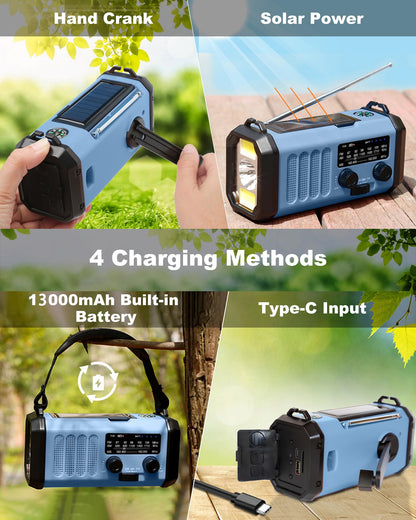 13000mAh Emergency Radio with NOAA Weather Alert, Portable Solar Hand Crank AM/FM Radio for Survival, Rechargeable Battery Powered, USB Charger, Flashlight, Reading Lamp, for Home Outdoor