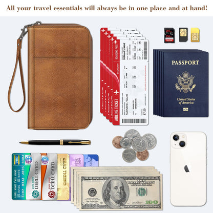 Fintie Passport Holder Travel Wallet for Family, RFID Blocking Travel Document Organizer Clutch Bag for Passports, Business Cards, Credit Cards, Boarding Passes, Brown