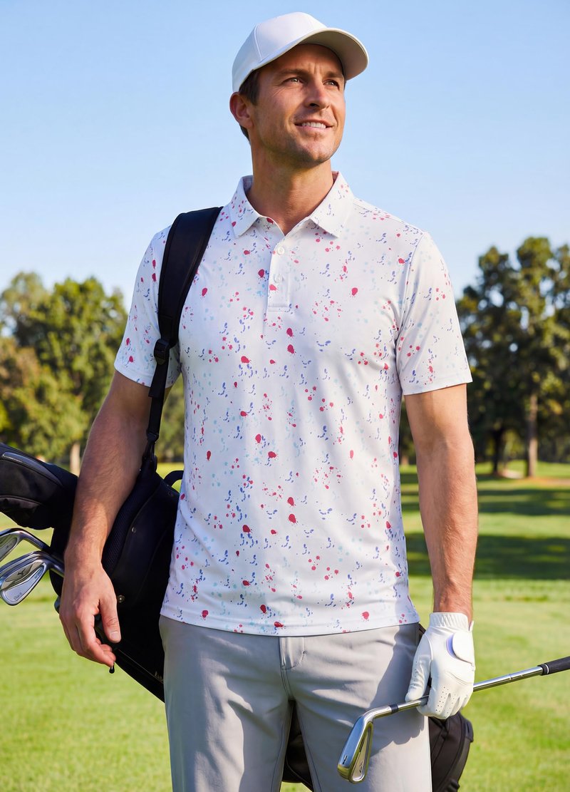 Libin Golf Shirts for Men Short Sleeve Quick Dry Performance Moisture Wicking Print Collared Polo Shirts Casual Business, White Colorful Dots, Large