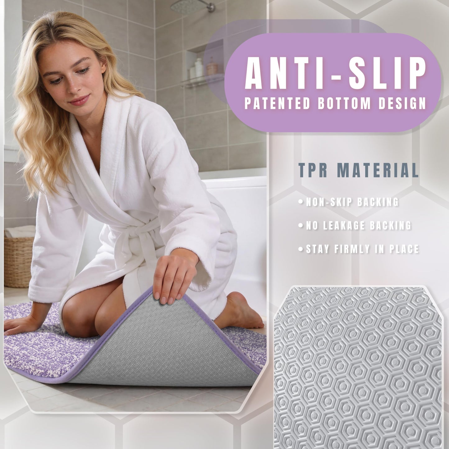 Yimobra Cushioned Anti-Fatigue Bathroom Rug, Bath Mat Non Slip Washable, Dense Soft Microfiber for Bathroom Sink, Shower, Tired Feet Comfort, Absorbent, 24" X 17", Purple and White