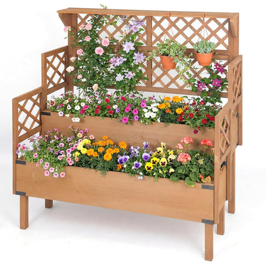 Magazoopet Raised Garden Bed with Trellis, 47''H Outdoor Flower Plant Stand with Two Planting Areas, Top Shelf, Liner, Elevated Garden Beds for Climbing Plants, Herb, Gift for Gardening, Brown