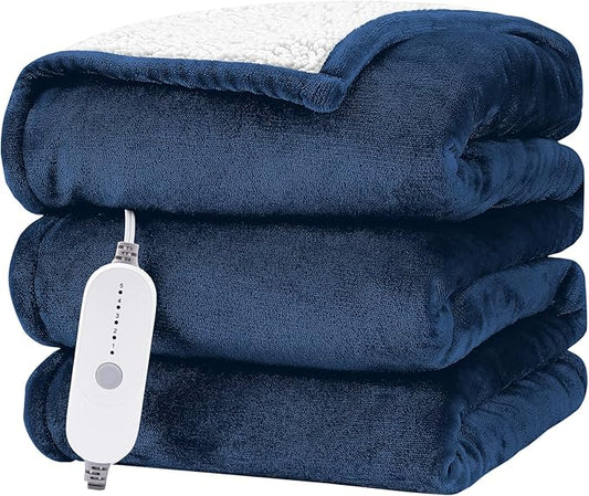 HYLEORY Heated Electric Blanket Throw 50"x60" Soft Fleece & Flannel with 5 Heating Levels & 3 Hours Timer Auto Shutt Off, ETL Certified, Washable，Heated Blanket for Body-Navy