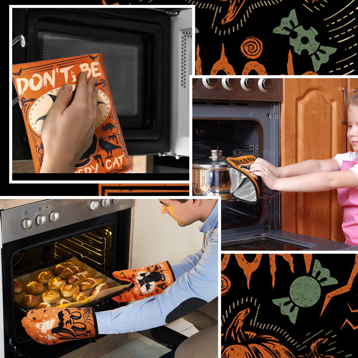 SiliFine 12 Pcs Halloween Kitchen Towels Pot Holders and Oven Mitts Set 4 Ghost Dish Towels 4 Gothic Witchy Oven Mitts 4 Spooky Pumpkin Pot Holders for Halloween Home Cooking Dish Baking Decorative