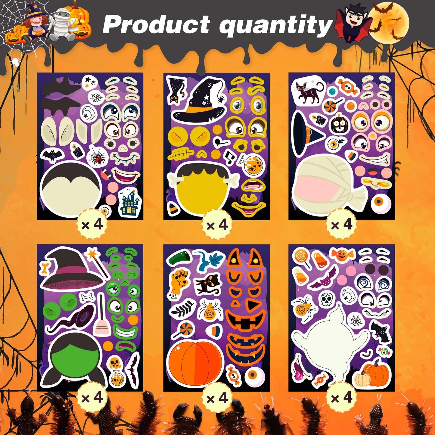 24 PCS Make-a-face Halloween Sticker Make Your Own Halloween Character Mix and Match Sticker with Vampire, Witch, Mummies Zombies, Ghost and Pumpkin Trick or Treat Halloween Goodie Bag Fillers