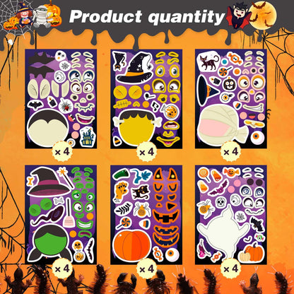 24 PCS Make-a-face Halloween Sticker Make Your Own Halloween Character Mix and Match Sticker with Vampire, Witch, Mummies Zombies, Ghost and Pumpkin Trick or Treat Halloween Goodie Bag Fillers