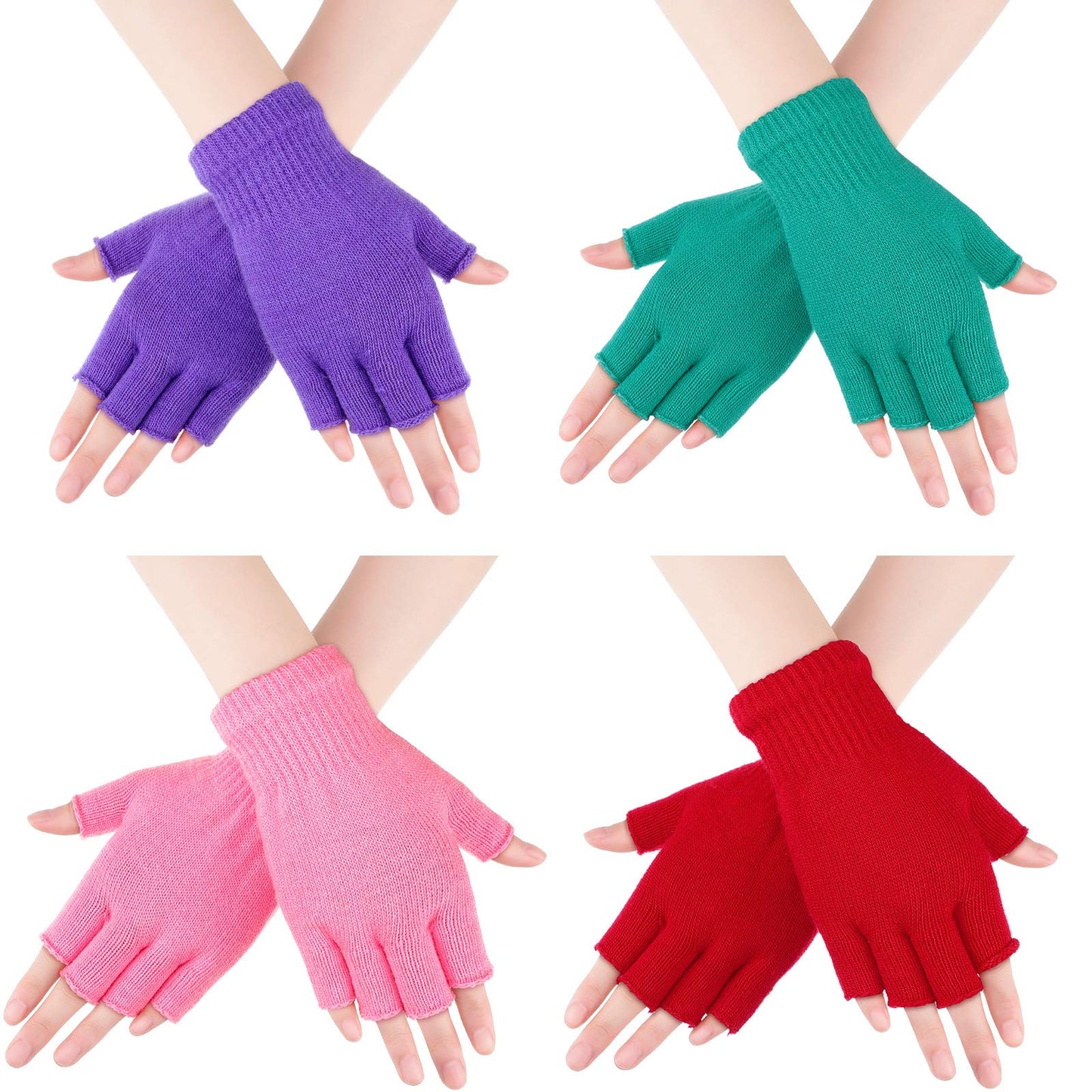 Bememo 4 Pairs Fingerless Gloves Half Finger Mittens Winter Solid Color Knitted Typing Gloves for Boys and Girls (Pink, Red, Green, Light Purple)