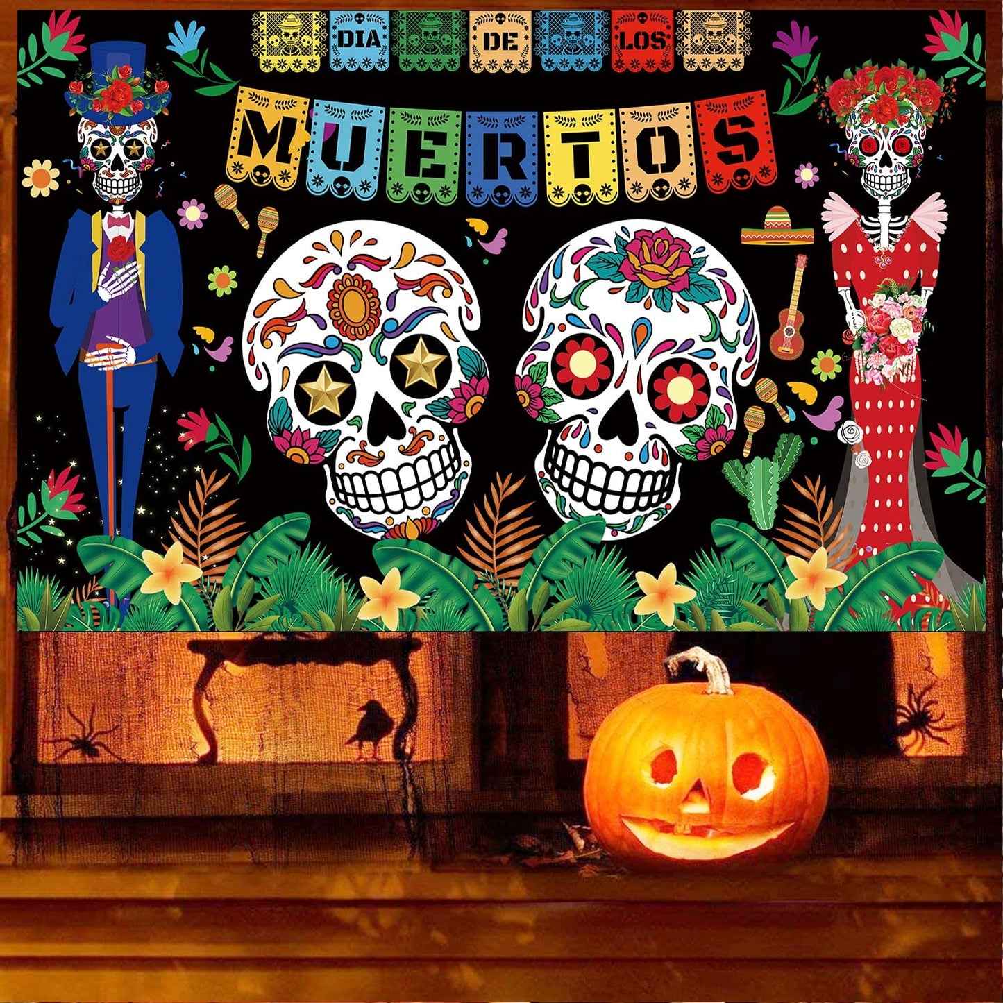 Famoby Day of The Dead Backdrop Dia DE Los Muertos Extra Large Fabric Banner for Halloween Party Mexican Fiesta Skull Photography Party Decoration