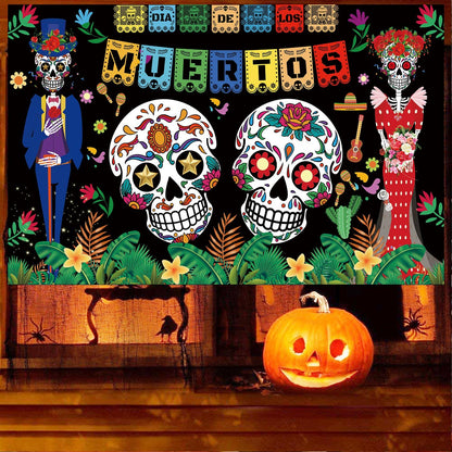 Famoby Day of The Dead Backdrop Dia DE Los Muertos Extra Large Fabric Banner for Halloween Party Mexican Fiesta Skull Photography Party Decoration