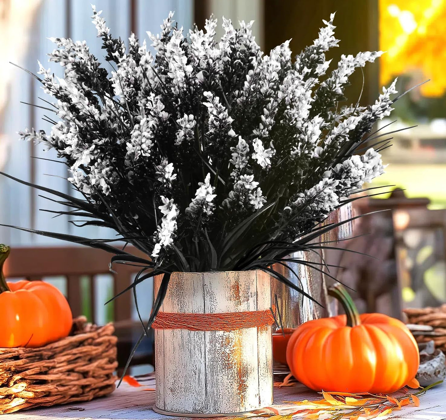N&T NIETING 6 Bundles Black Artificial Flowers, Fake Monkey Grass with Flowers, UV Resistant Fake Plants Halloween Black Flowers Decor for Party Front Porch Home Garden Patio