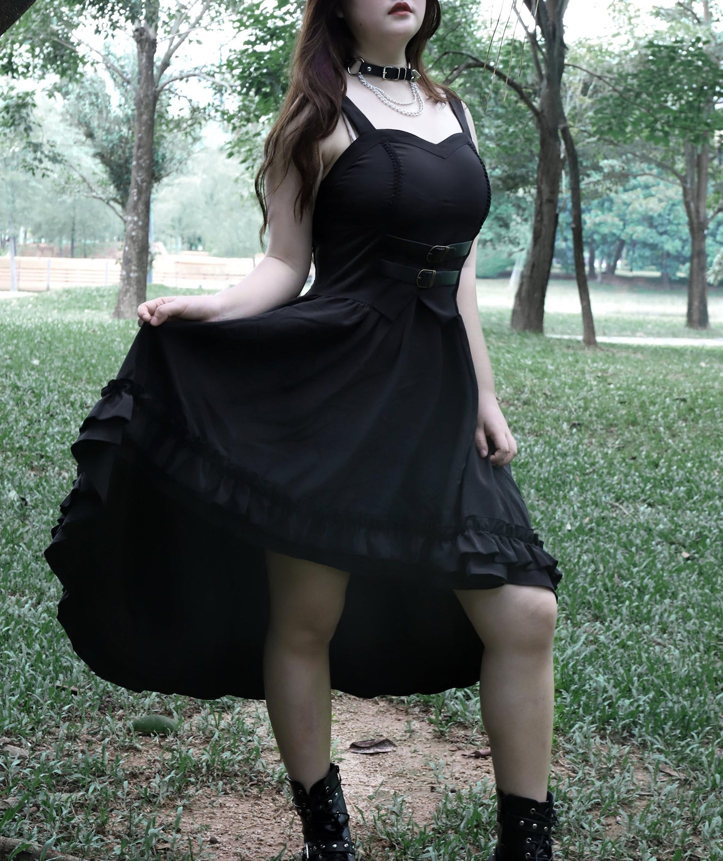 Scarlet Darkness Steampunk Dress for Women Ruffle High-Low Hem Gothic Witch Dresses Halloween Costumes Black L