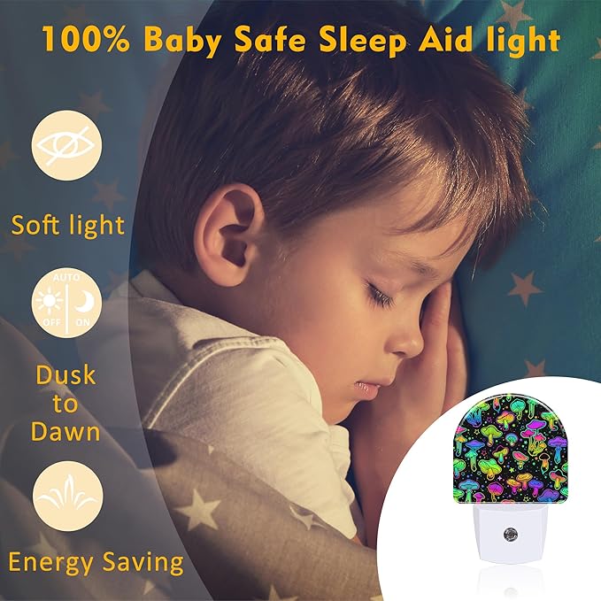 Colorful Magic Mushrooms Night Light, Glowing Mushrooms with Stars Dusk to Dawn Night Light Plug in,0.5w Energy Saving Sleep Friendly NightLights for Kids Boys Girls Home Decor