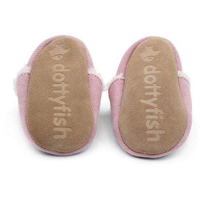 Dotty Fish Baby & Kids Suede Barefoot Slippers – Boys & Girls, 5 Styles, Non-Slip Soft Soles, Warm Fleece-Lined House Shoes, Elasticated Ankles, Podiatry Approved – Pale Pink 12-18 Months