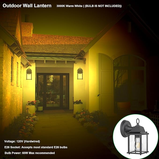 LIT-PaTH Outdoor Wall Lantern, Wall Sconce as Porch Lighting Fixture, E26 Base, Aluminum Housing Plus Glass, Water-Proof and Outdoor Rated, ETL Qualified, 2-Pack, Black