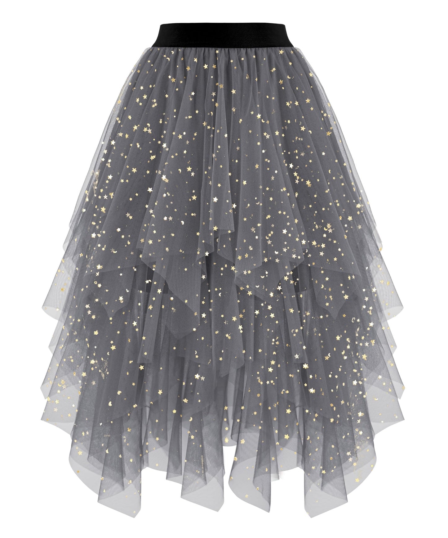 Ellames Women's Tulle Skirts High Low Layered Puffy Fairy Skirts Midi Length Irregular Tutu Skirt Dark Gray Sequin Small