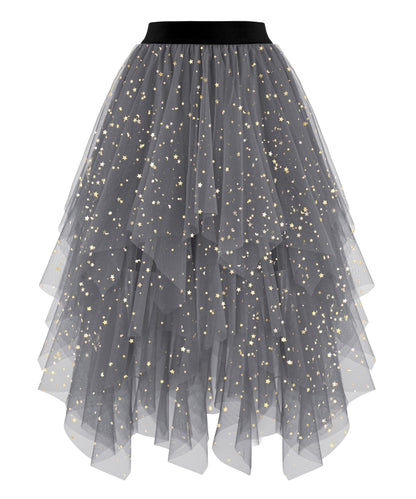 Ellames Women's Tulle Skirts High Low Layered Puffy Fairy Skirts Midi Length Irregular Tutu Skirt Dark Gray Sequin Small
