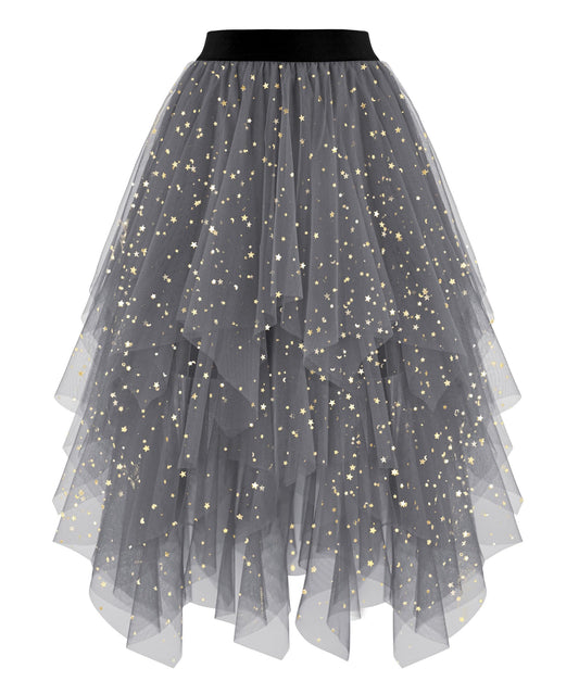Ellames Women's Tulle Skirts High Low Layered Puffy Fairy Skirts Midi Length Irregular Tutu Skirt Dark Gray Sequin Small