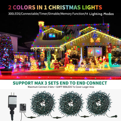 MZD8391 Color Changing Christmas String Lights Outdoor Indoor, 108FT 300 LED Warm White Multi Color Fairy Light, END to END CONNECTABLE, Waterproof Christmas Tree Lights with Timer Remote