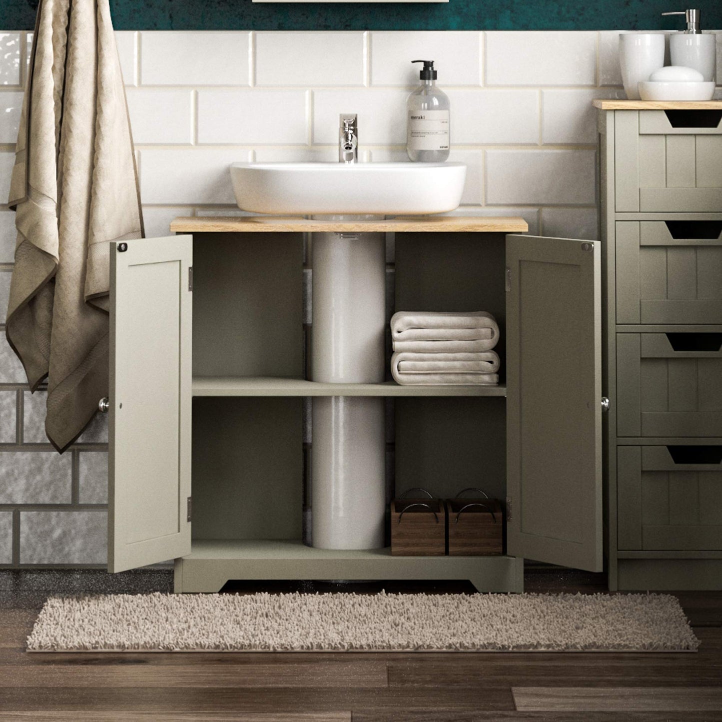 Bath Vida Priano Under Sink Bathroom Cabinet Floor Standing Storage Cupboard Basin Unit, Grey & Oak