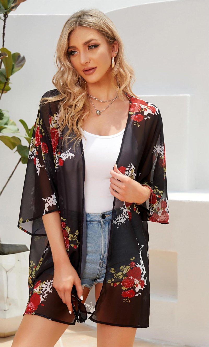 St Patricks Day Shirt Bathing Suit Cover Up Green Floral Kimono Cardigans Festival Tops(Black Green Clover, M)