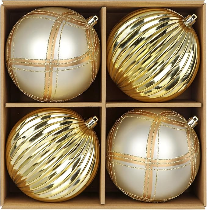 4.7" Large Plastic Christmas Balls Ornaments Set of 4, Glitter Shatterproof Christmas Bulbs Ornaments for Xmas Tree Decorations, Gold and Silver Ornament for Tree, Mantel, Winter, Holiday Party Decor